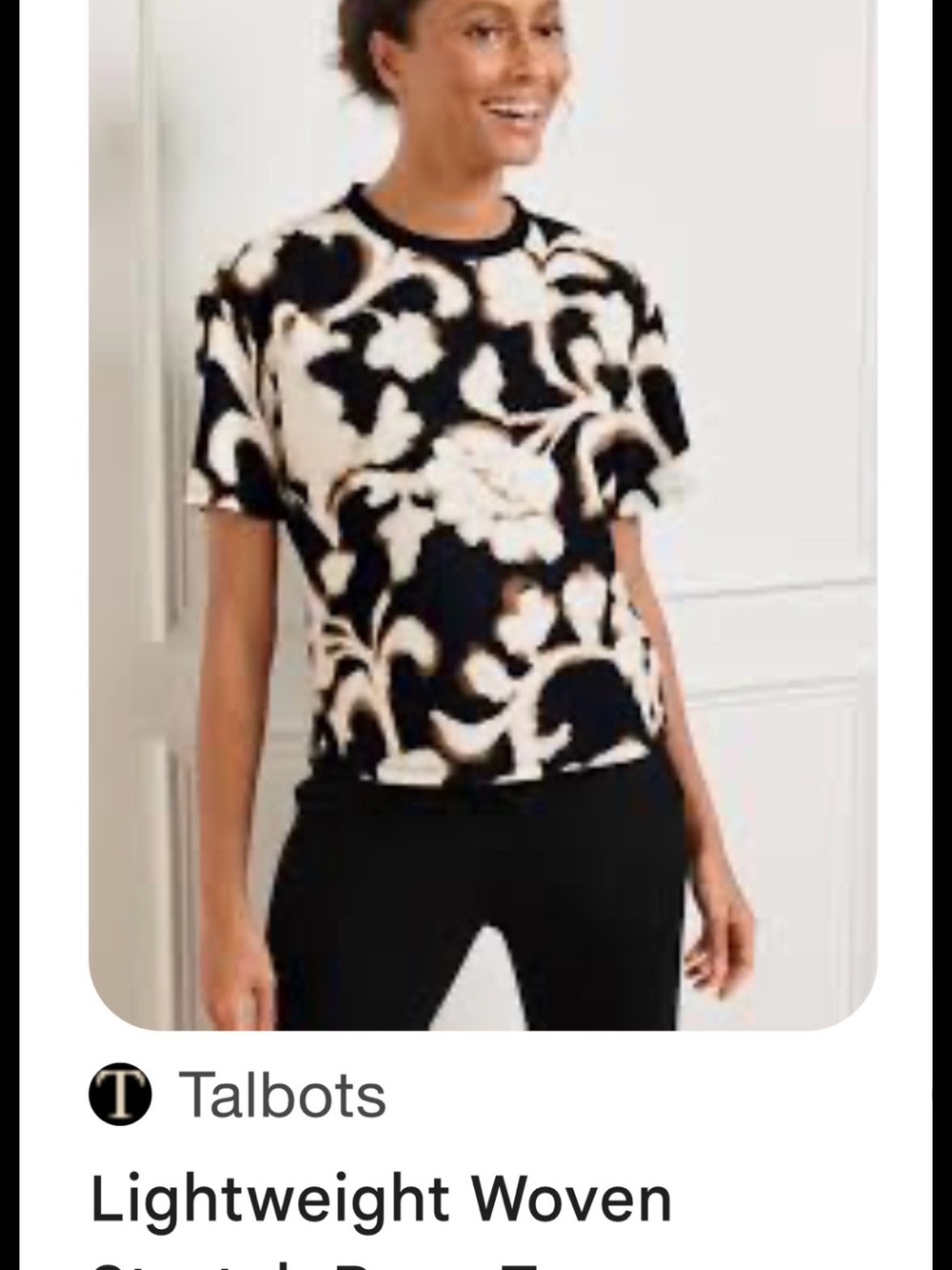 Talbots Black & Cream Blurred Floral Crewneck